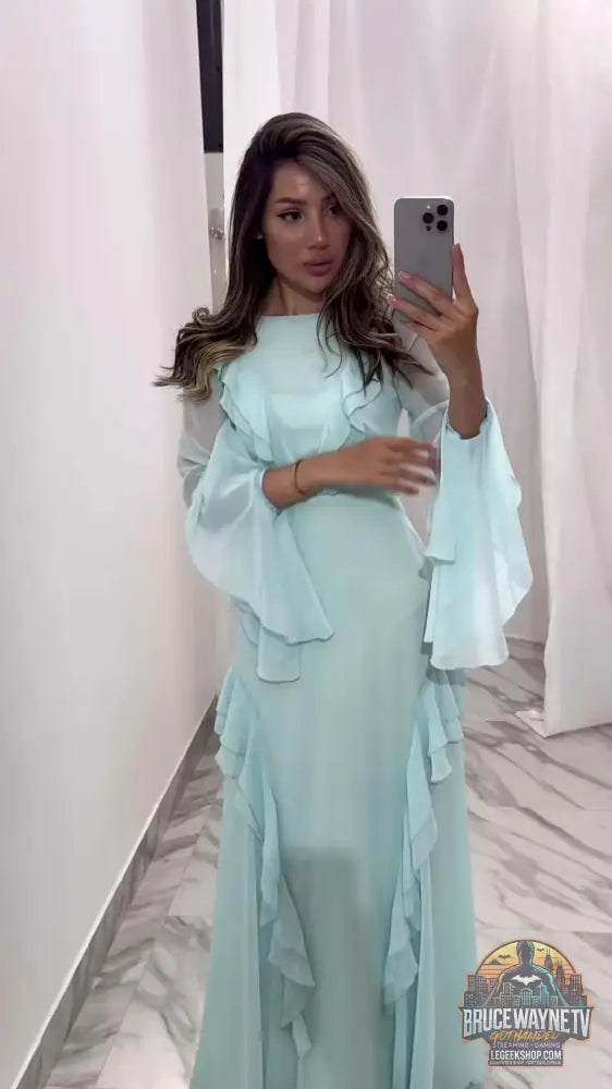 Robe Longue Col Rond Volants Manches Longues Élégante - Mint Green / XS - Robe Femme