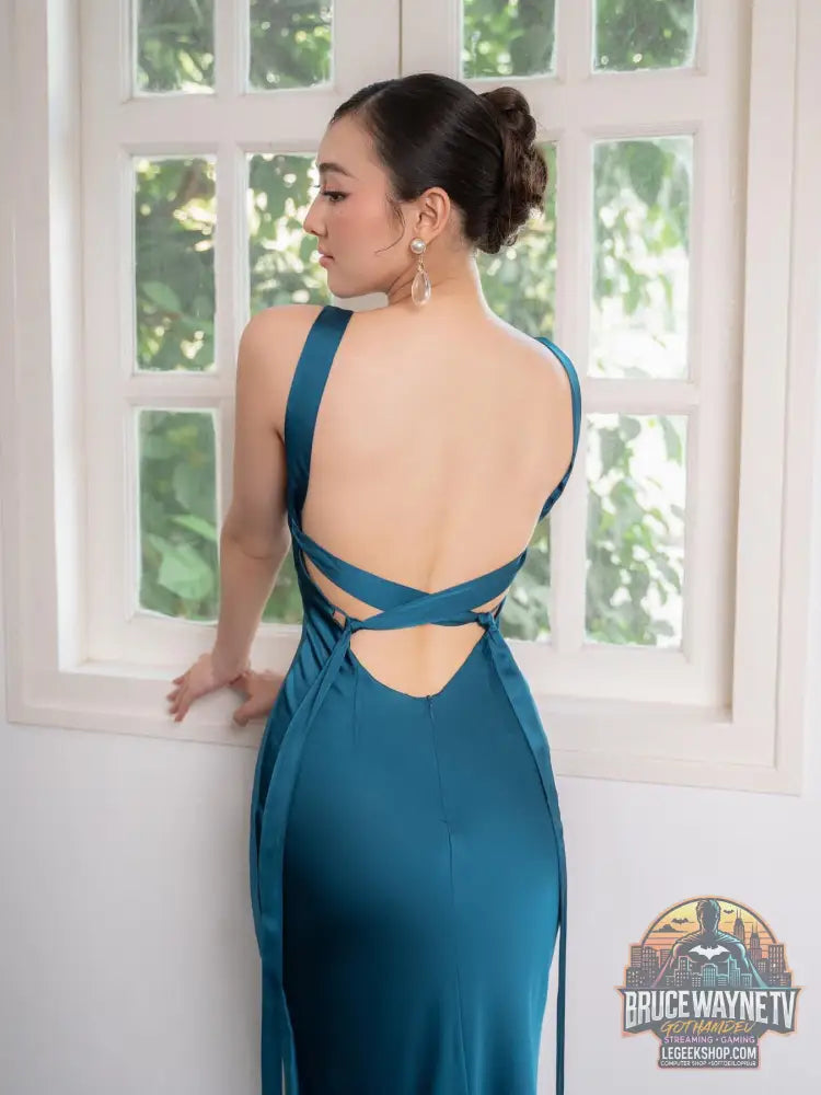 Robe Soirée Longue Bleu Lac Dos Nu Bretelles Élégante - Robe Soirée