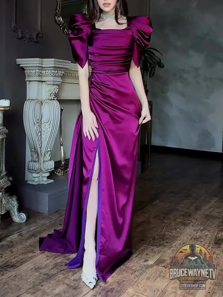 Robe Soirée Longue Manches Bouffantes Plissée Fendue - Rose / XS - Robe Soirée