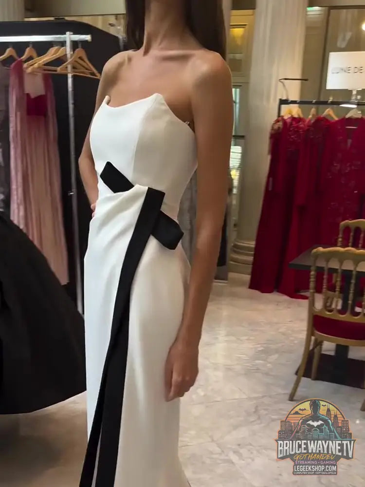 Robe Soirée Longue Noir Blanc Bustier Fendue Élégante - Robe Soirée
