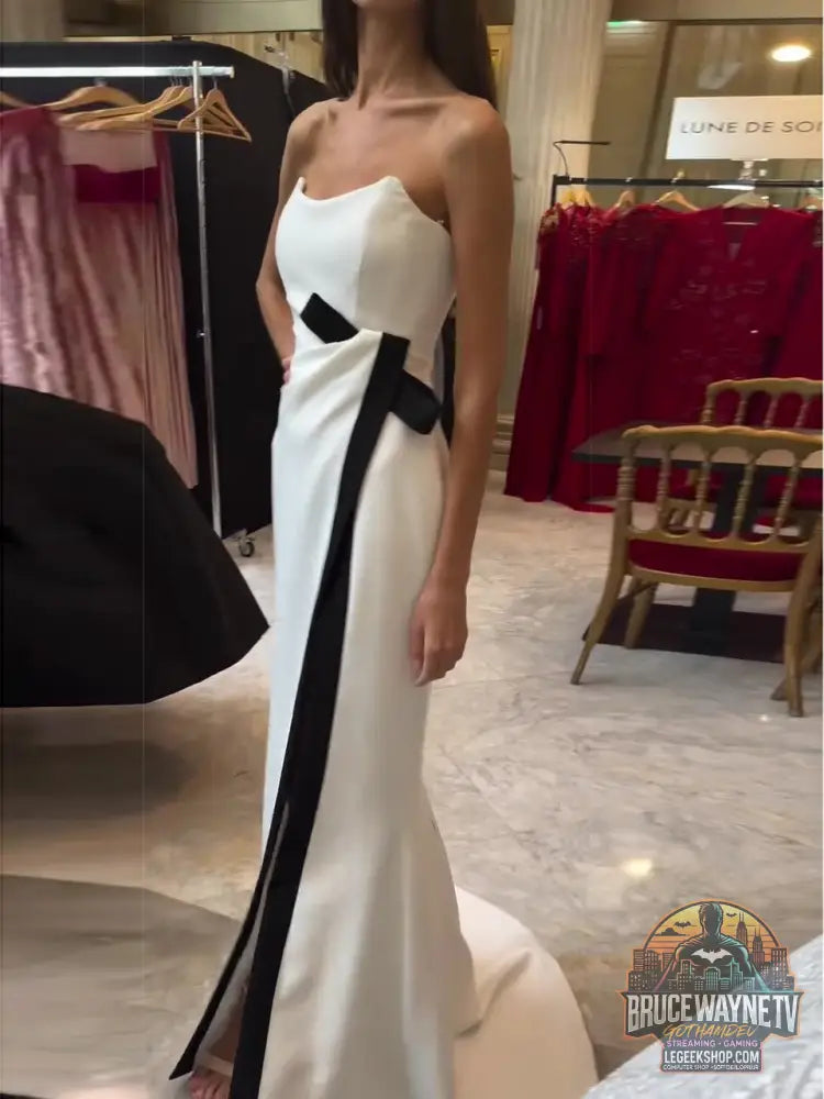 Robe Soirée Longue Noir Blanc Bustier Fendue Élégante - Robe Soirée