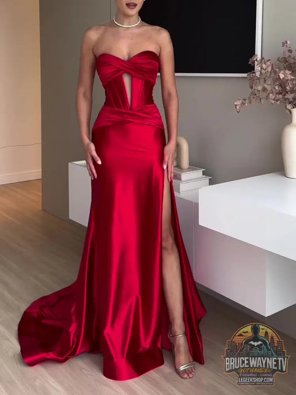Robe Soirée Longue Rouge Bustier Fendue Élégante - Robe Soirée