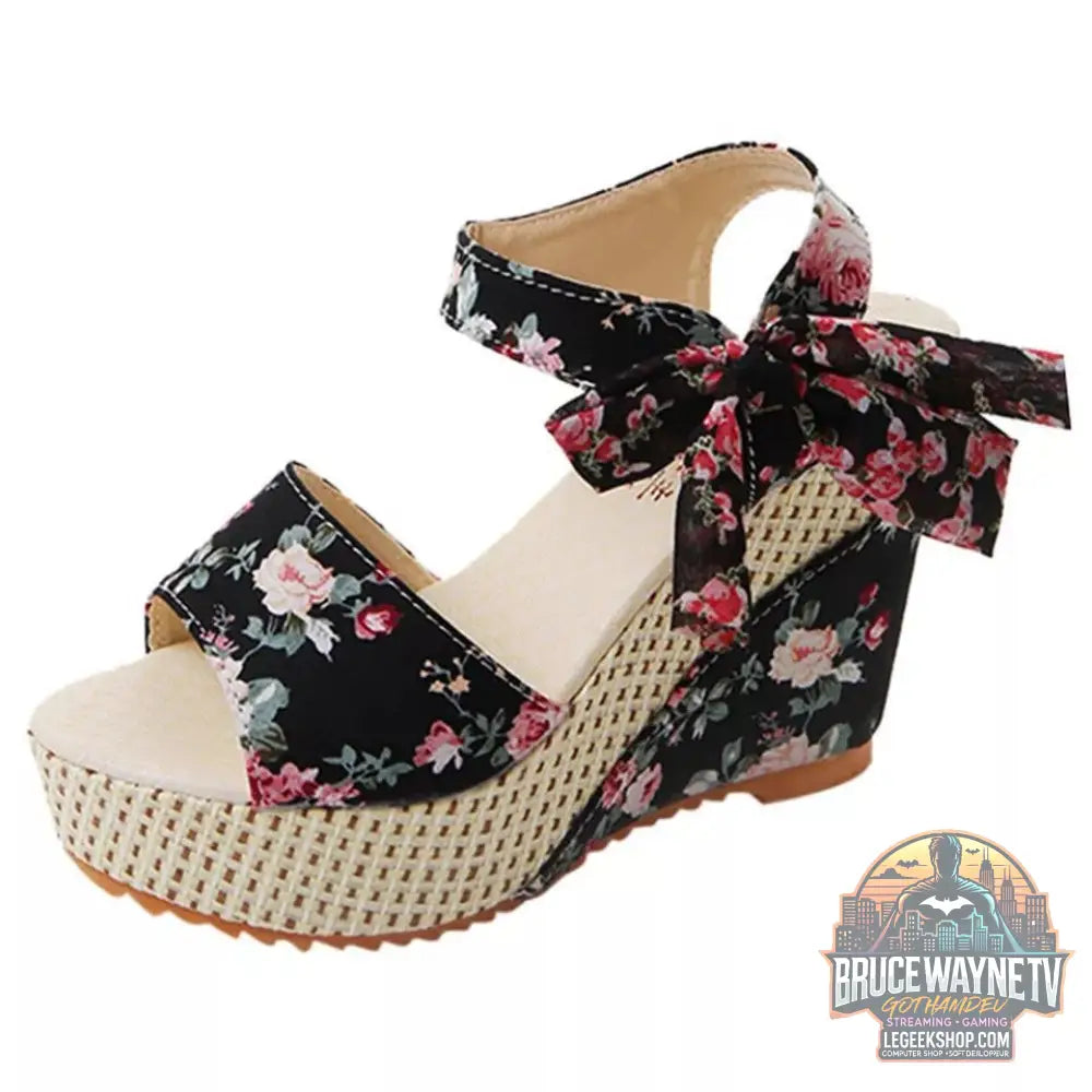 Sandales Femme Compensées Fashion Fleurs Bout Ouvert Légères - Black flower / Size35 - Sandales Femme