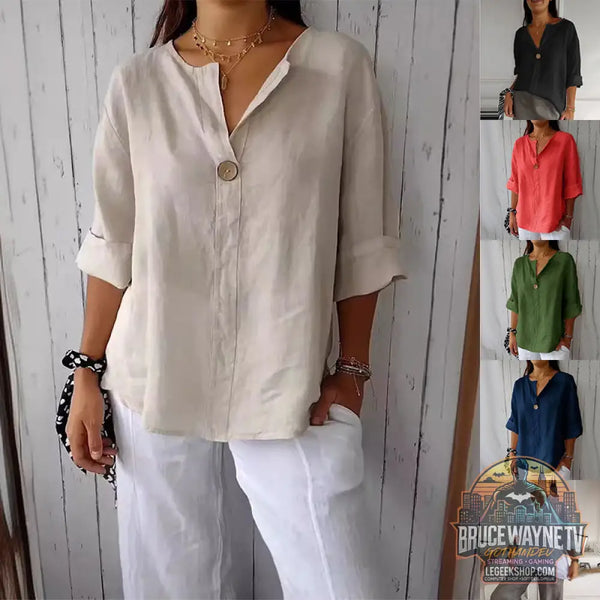 T-Shirt Femme Col V Manches Longues Coton Lin Boutons Décontracté - T-Shirt Femme
