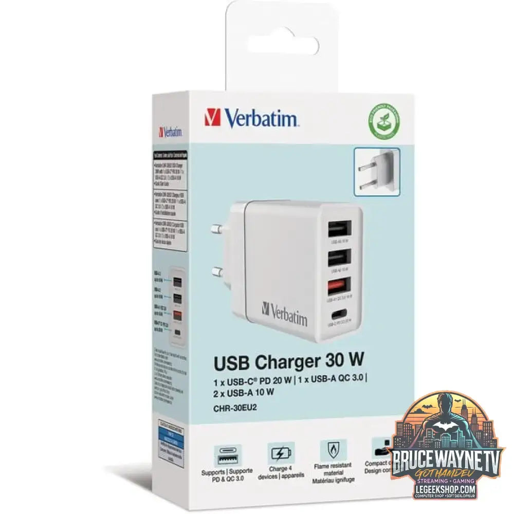 Verbatim Ladegerät 30W, 1x USB-C, 3x USB-A weiß, PD 3.0, QC 3.0 - Verbatim - vue 5