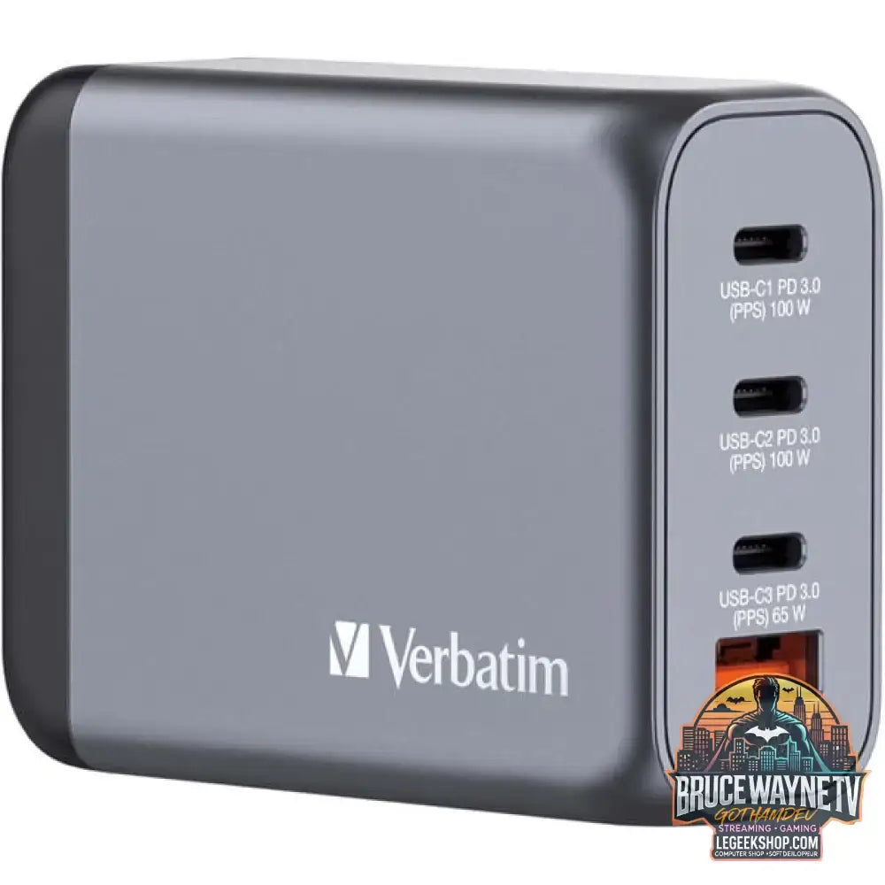 Verbatim GaN-Ladegerät 100W, 1x USB-A, 3x USB-C grau, PD 3.0, QC 3.0 - Verbatim - vue 3