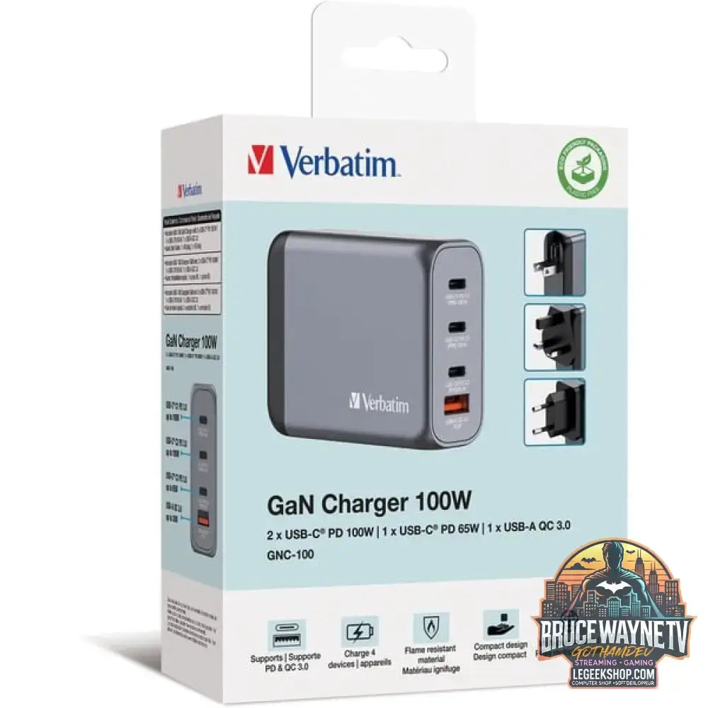Verbatim GaN-Ladegerät 100W, 1x USB-A, 3x USB-C grau, PD 3.0, QC 3.0 - Verbatim - vue 5