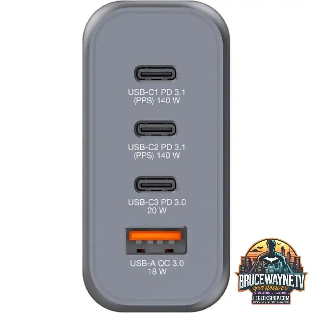 Verbatim GaN-Ladegerät 140W, 1x USB-A, 3x USB-C grau, PD 3.1, PD 3.0, QC 3.0 - Verbatim - vue 5