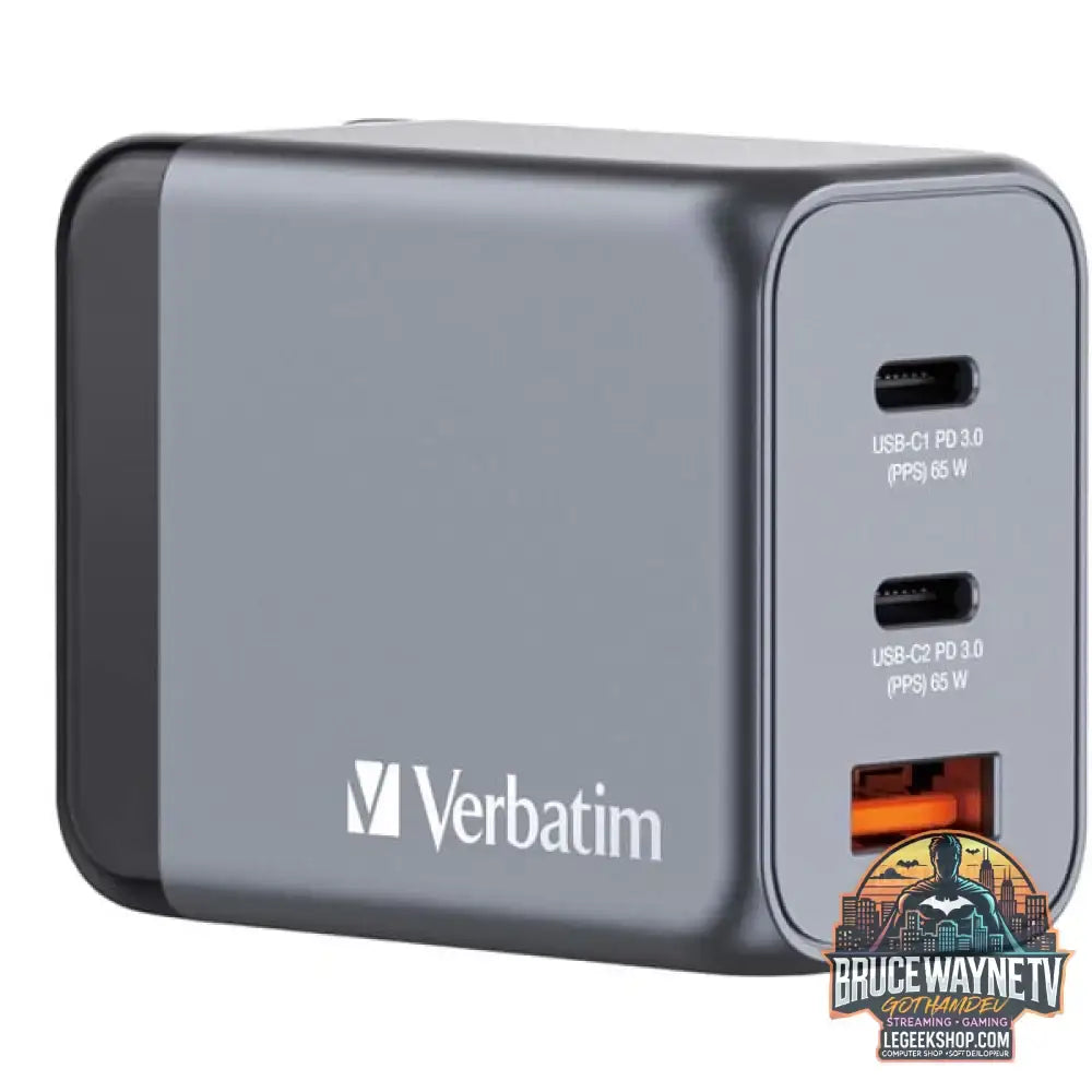 Verbatim GaN-Ladegerät 65W, 1x USB-A, 2x USB-C grau, PD 3.0, QC 3.0 - Verbatim - vue 2