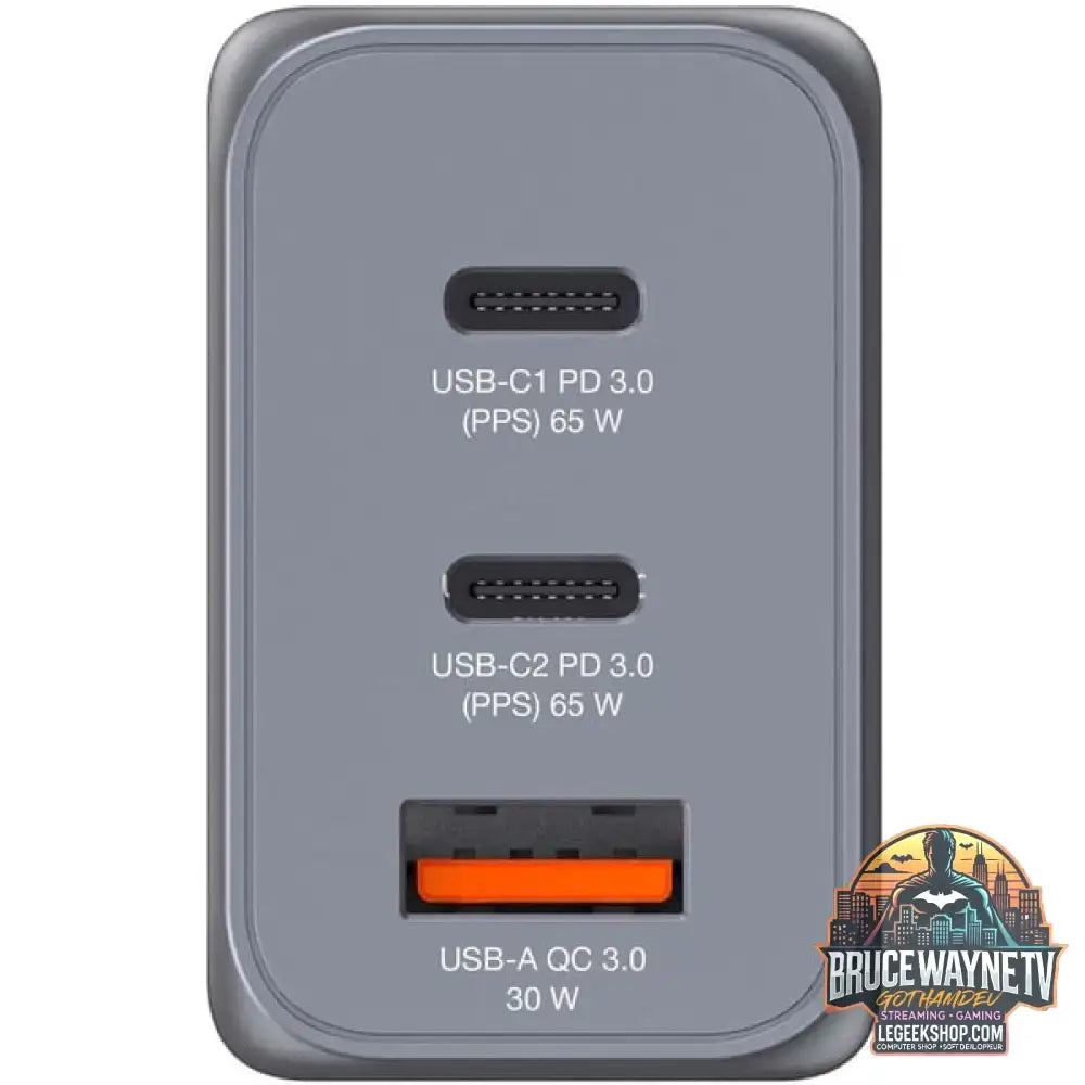 Verbatim GaN-Ladegerät 65W, 1x USB-A, 2x USB-C grau, PD 3.0, QC 3.0 - Verbatim - vue 3