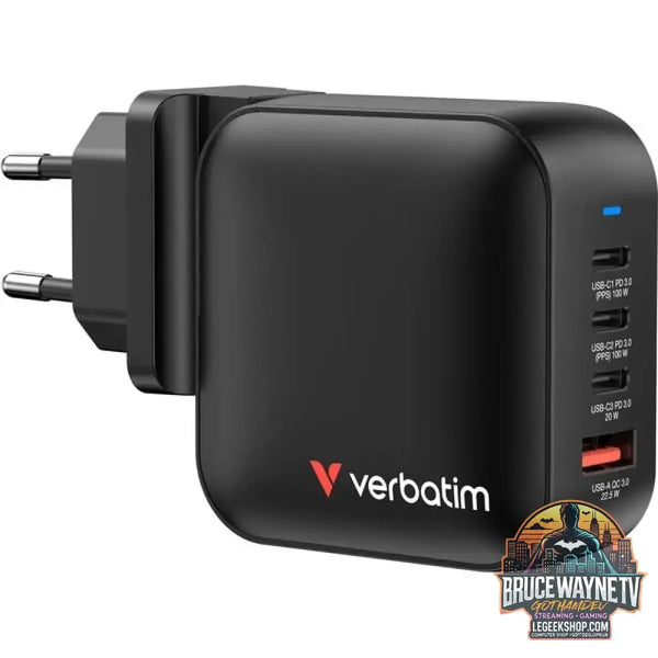 Verbatim Mini-GaN-Ladegerät 100W 4-Port, 1x USB-A, 3x USB-C schwarz, PD 3.0, QC 3.0 - Verbatim