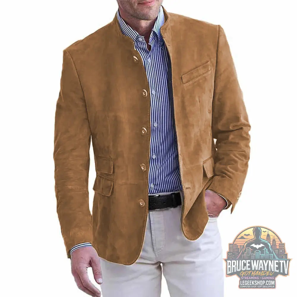 Veste Blazer Homme Business Casual Col Montant Automne Hiver Marron - Khaki / 2XL - Veste Homme