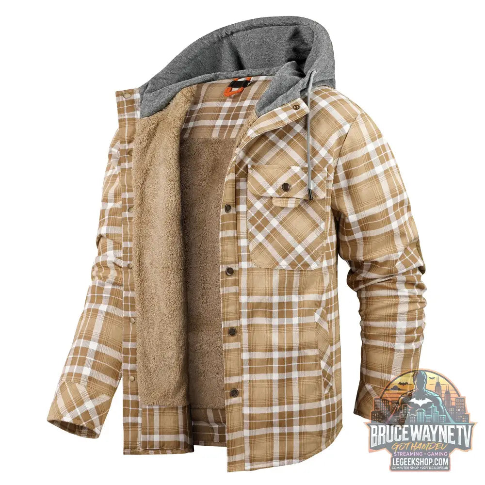 Veste Chemise Carreaux Homme Doublée Polaire Capuche Hiver - Khaki / S - Veste Chemise Homme