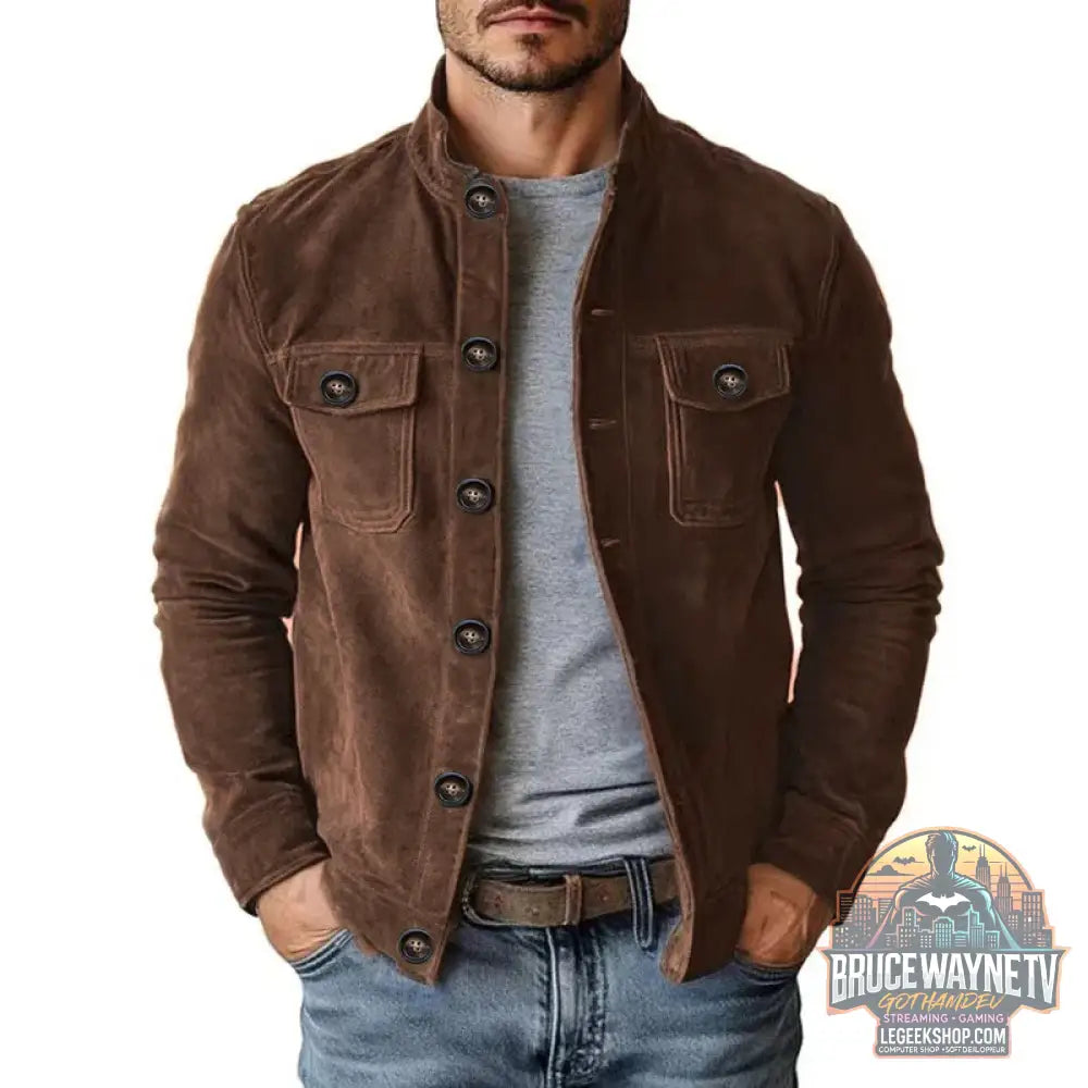 Veste Daim Homme - Col Rabattu Bouton Cargo Automne Hiver - 03 Brown / L’ - Veste Homme