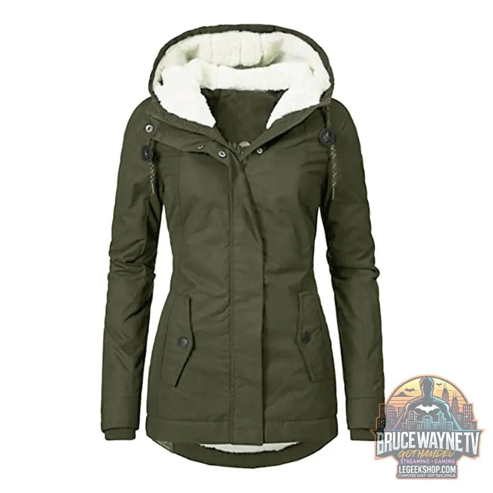 Veste Hiver Capuche Polaire Chaude Poches Zip Femme - Army Green Hat String Clip / 3XL - Veste Femme