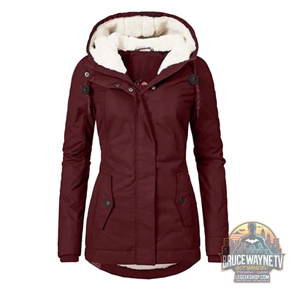 Veste Hiver Capuche Polaire Chaude Poches Zip Femme - Wine Red Hat String Clip / 3XL - Veste Femme