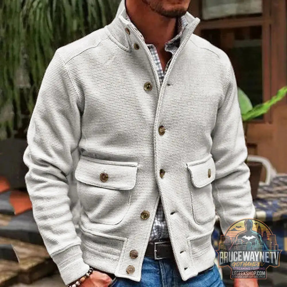 Veste Homme Col Montant Tricot Couleur Unie Décontractée Polyester - White / S - Veste Homme