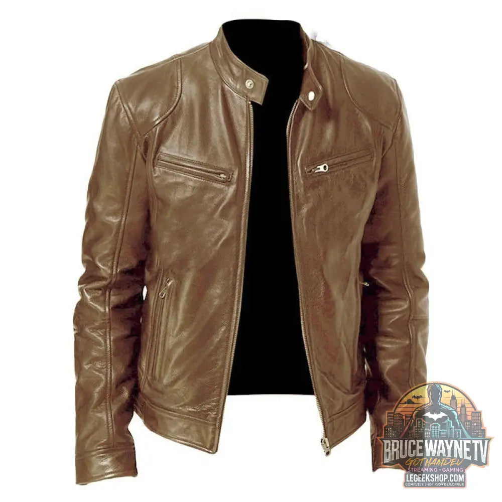 🧥 Veste Homme Cuir PU Col Montant Zip Poches Sport 🧥 - Brown / S - Veste Homme