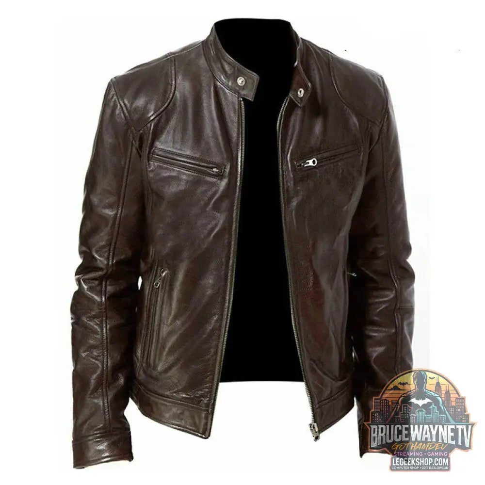 🧥 Veste Homme Cuir PU Col Montant Zip Poches Sport 🧥 - Coffee / S - Veste Homme