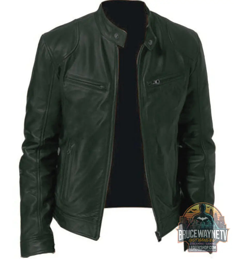 🧥 Veste Homme Cuir PU Col Montant Zip Poches Sport 🧥 - Dark green / 2XL - Veste Homme