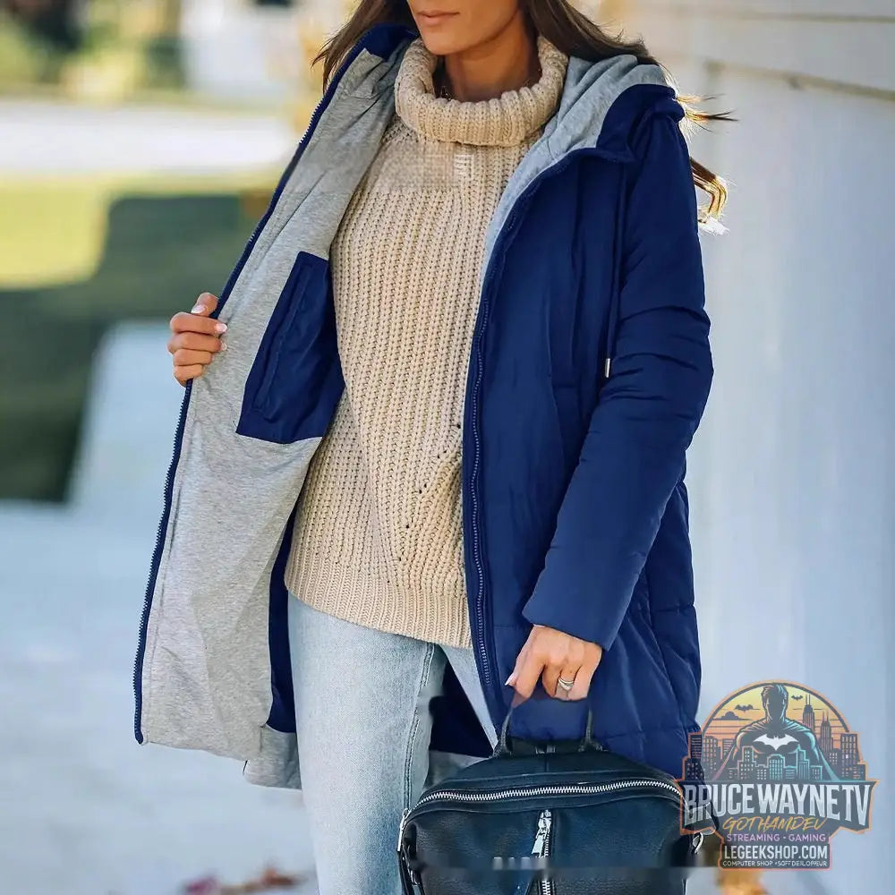 Veste Longue Femme Capuche Poches Coton Loose - Blue / 2XL - Veste Femme