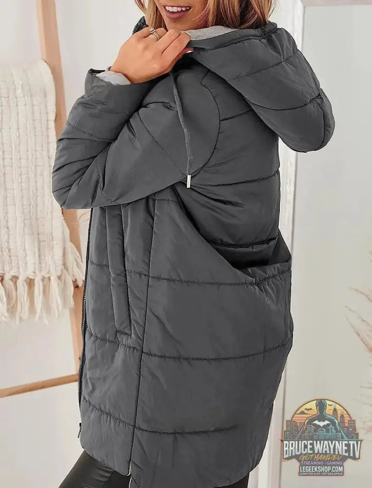 Veste Longue Femme Capuche Poches Coton Loose - Dark Gray / S - Veste Femme