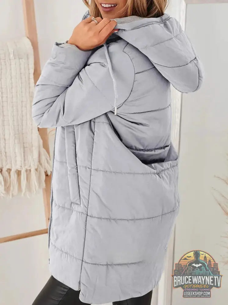 Veste Longue Femme Capuche Poches Coton Loose - Gray / S - Veste Femme