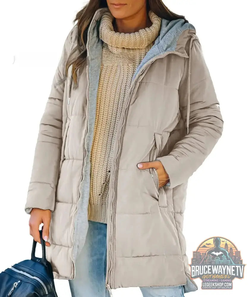 Veste Longue Femme Capuche Poches Coton Loose - Gray White / S - Veste Femme