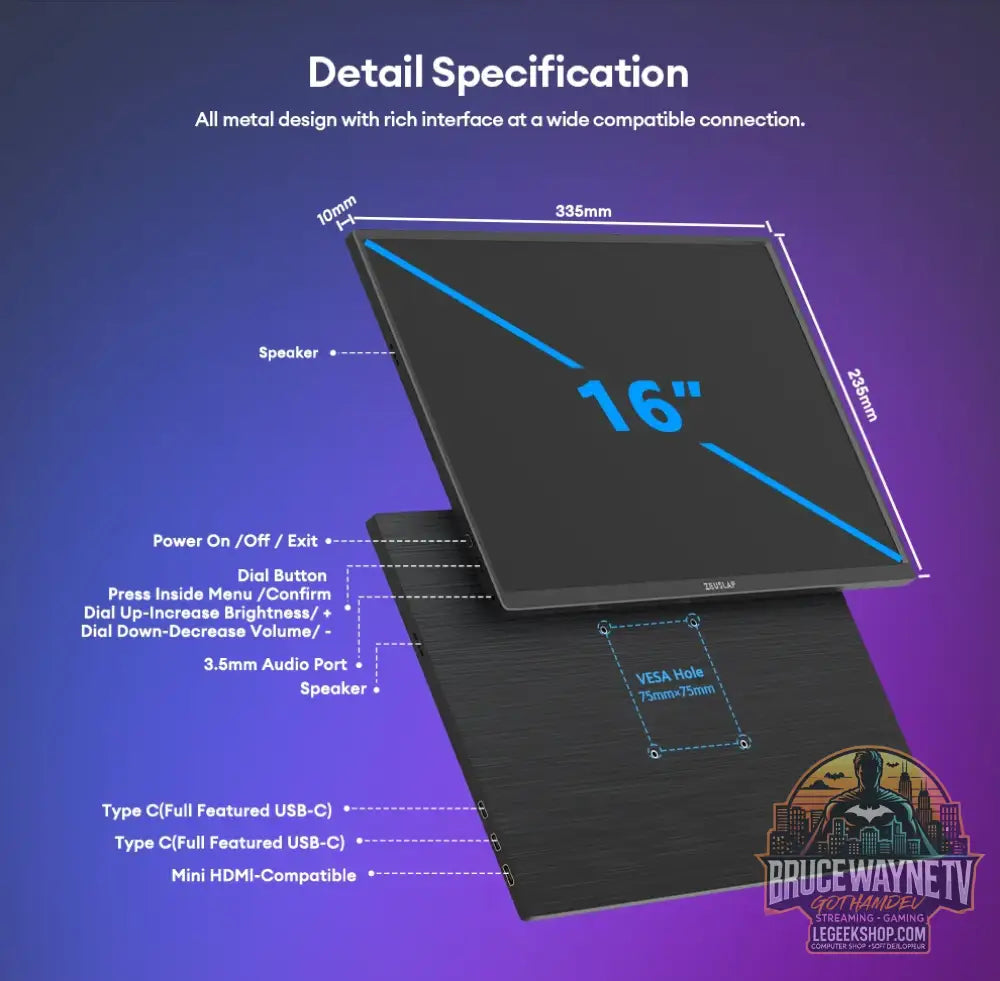 ZEUSLAP P16K - Moniteur Portable 16’’ 2.5K 144Hz 100% sRGB HDR500 Gaming - 16’’ - Moniteur Portable